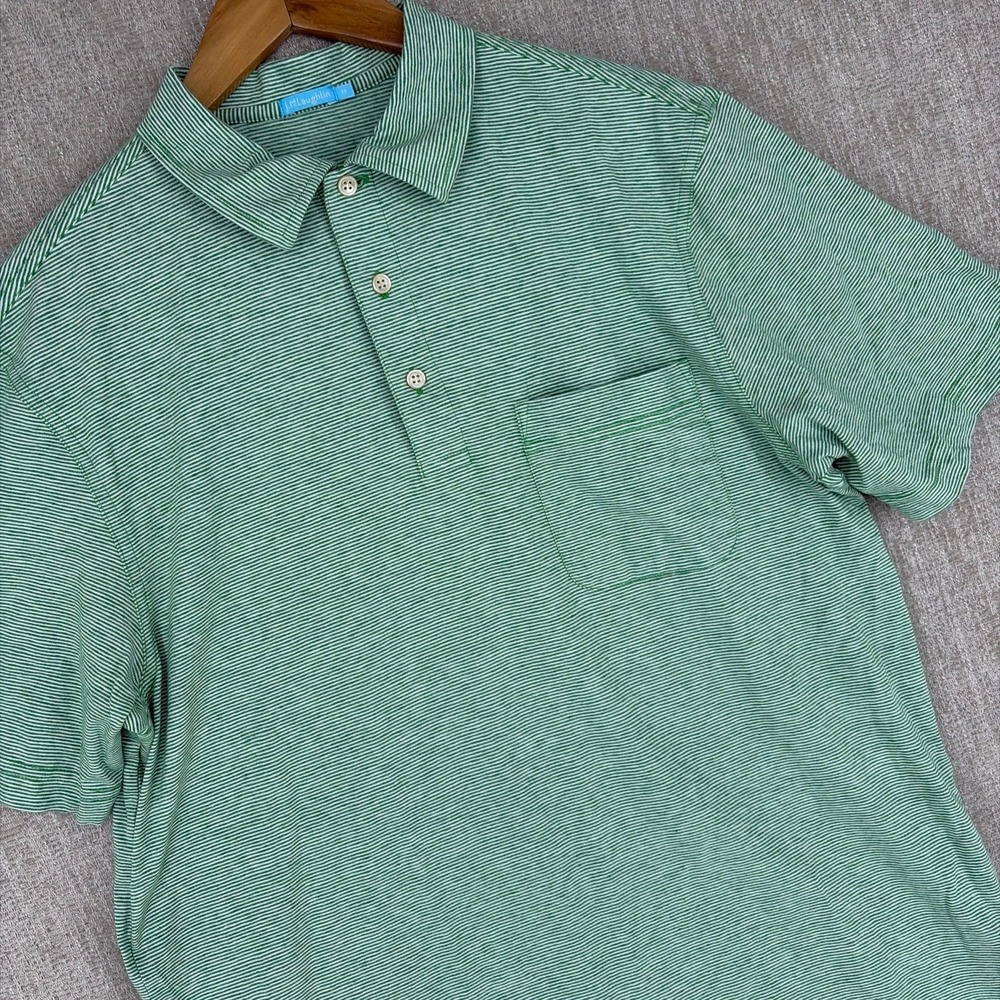 J Mclaughlin Shirt Men Medium Green Polo‎ Stripe Cotton Stretch Pocket Preppy